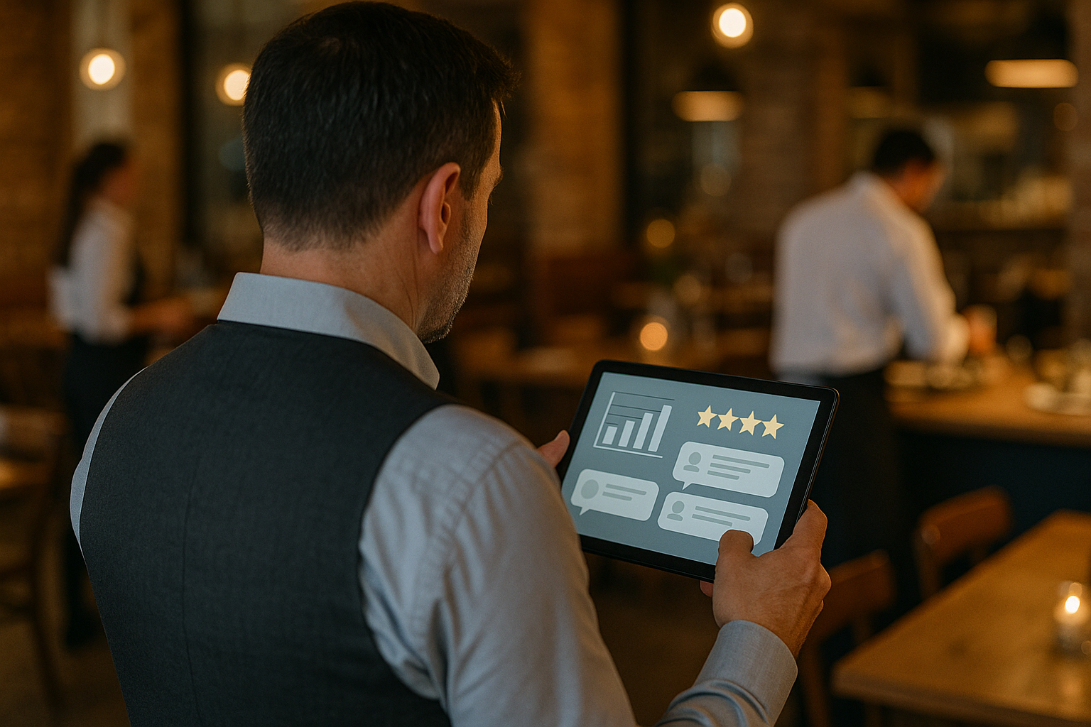Équipe de restaurant utilisant l’interface intuitive Easy Resto sur tablette